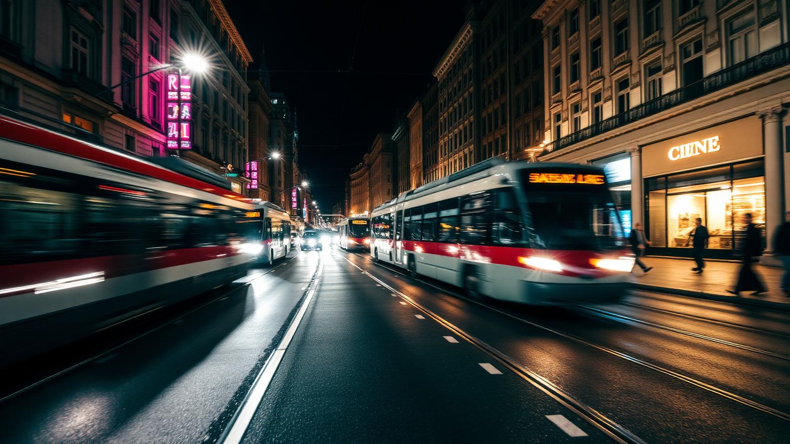 Nocna ulica w polskim mieście z rozmazanymi światłami tramwajów i neonów