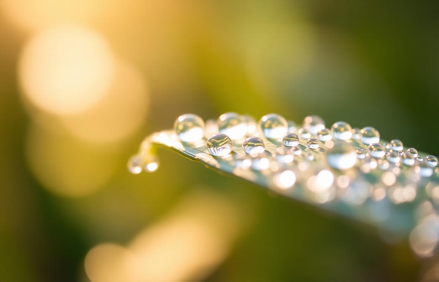 Krople rosy na liściu w porannym słońcu, makro fotografia ciszy