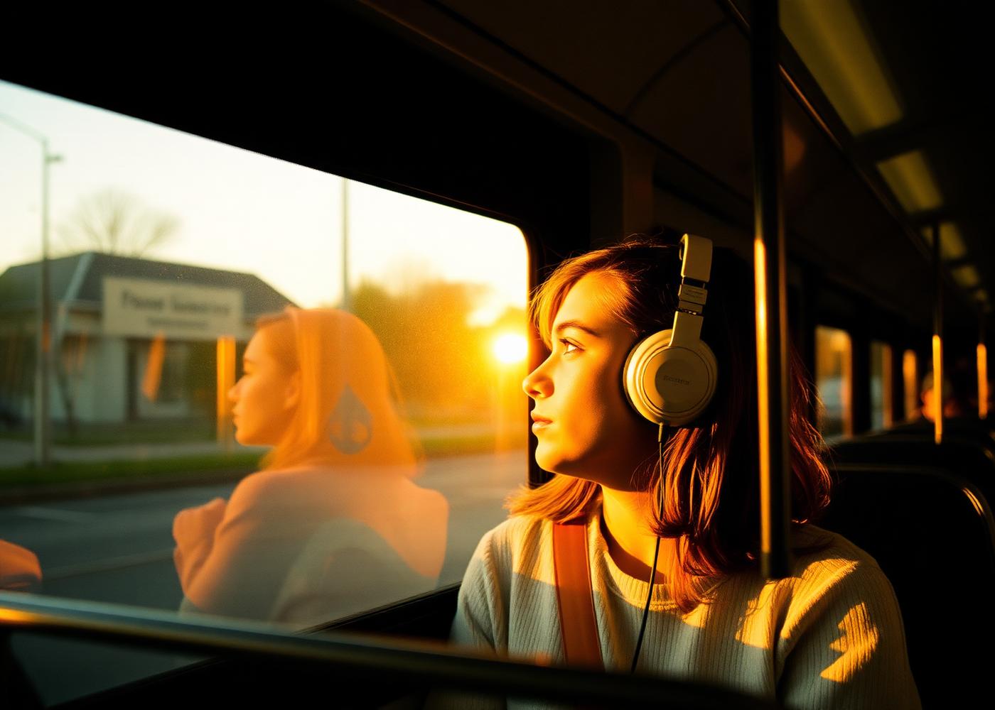 Młoda kobieta w słuchawkach patrzy przez okno tramwaju w złotym świetle popołudnia